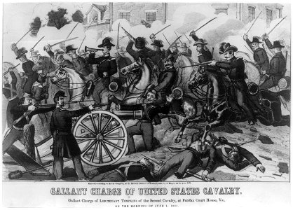 Gallant charge of United States cavalry. Gallant charge of Lieutenant Tompkins of the second cavalry, at Fairfax Court House, Va., on the morning of June 1, 1861 LCCN2013645308. Free illustration for personal and commercial use.