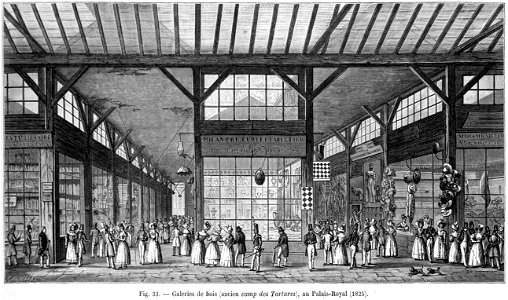 Galeries de bois (ancien camp des Tartares), au Palais-Royal, 1825. Free illustration for personal and commercial use.