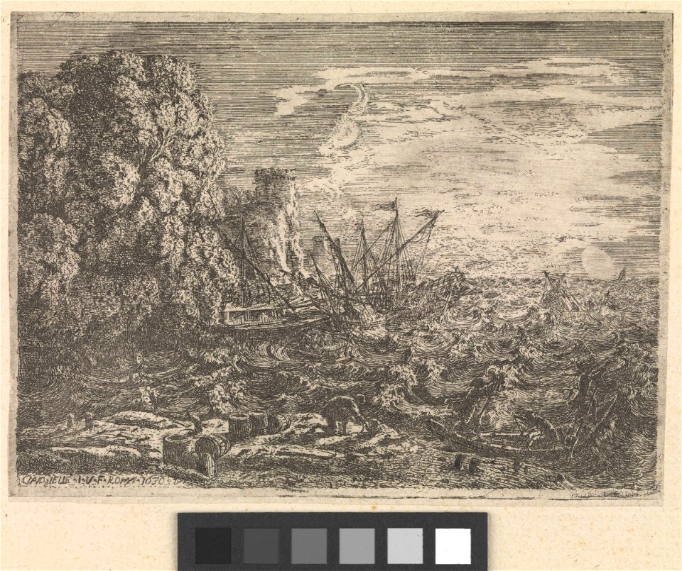 Galleys and other vessels in a rough sea close under cliffs by moonlight (Galleys 19) RMG PX8330