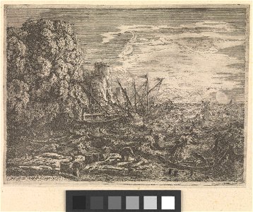 Galleys and other vessels in a rough sea close under cliffs by moonlight (Galleys 19) RMG PX8330