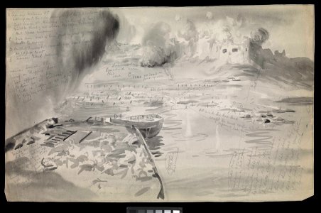 Gallipoli- V-Beach and the fort of Sedd-el-Bahr, seen from the 'River Clyde', 25 April 1915 (Dardanelles campaign) RMG PV0996
