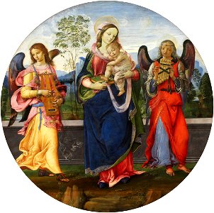 Raffaellino del Garbo - Mary with child and two angels playing music - Gemäldegalerie Berlin. Free illustration for personal and commercial use.