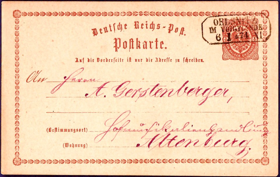 Ganzsachenkarte Oelsnitz 1874 B001