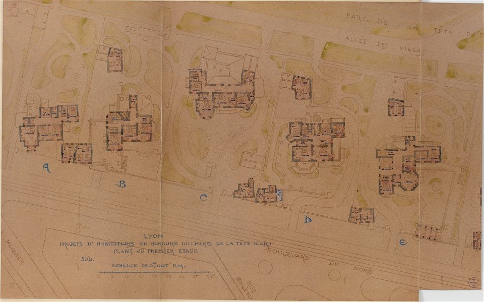 Garnier-Tony, Lyon, projet habitations en bordure du parc de la Tête d'Or, plan au 1er étage (1)