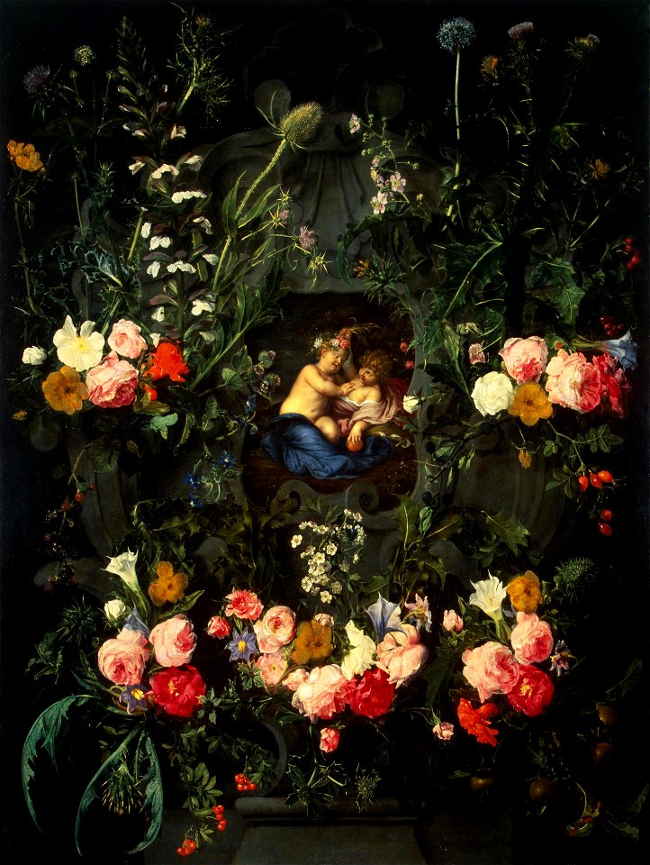 Garland of flowers around a cartouche with Jesus and St. John the Baptist as children by Daniel Seghers and Thomas Willeboirts Bosschaert