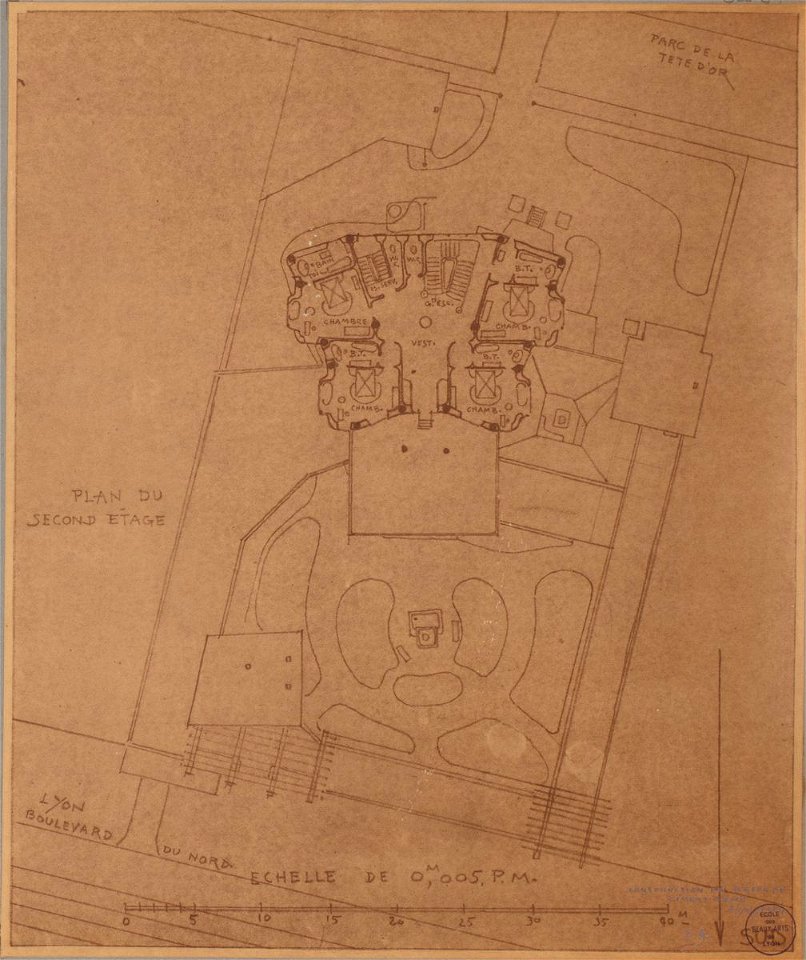 Garnier-Tony, Lyon, projet habitations en bordure du parc de la Tête d'Or, plan au 2eme étage (3)