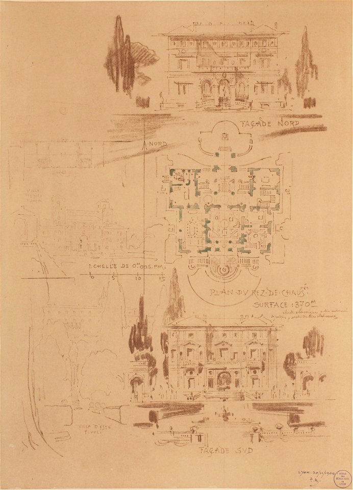 Garnier-Tony, Rome villa Médicis et villa d'Este à Tivoli, plan et élévation