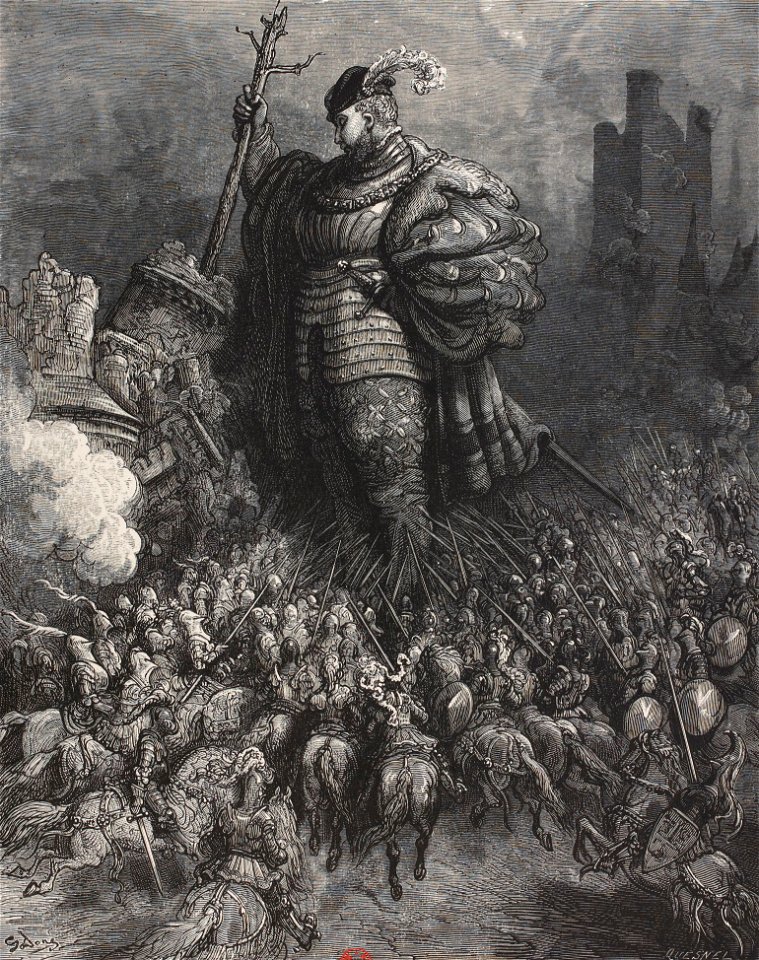 Gargantua choque l'arbre contre le château du gué de Vède - Illustration de Gustave Doré pour le Chapitre 36 de Gargantua