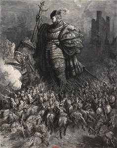 Gargantua choque l'arbre contre le château du gué de Vède - Illustration de Gustave Doré pour le Chapitre 36 de Gargantua