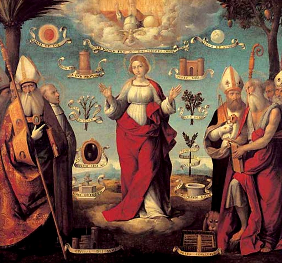 Garofalo, Benvenuto Tisi da — The Virgin Mary, the Holy Trinity, the Church Fathers and symbols of Mary — 1525-1530