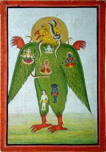 Garuda with Siva's snakes and Hindu divinities in his plumage (6124583411)