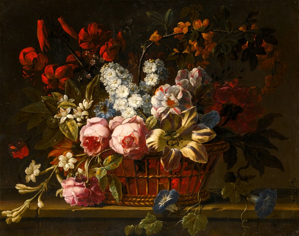Gaspar Peeter Verbruggen (I) - Still life of pink roses, tulips, hyacinths, jasmine and other flowers loosely arranged in a wicker basket, all upon a stone ledge
