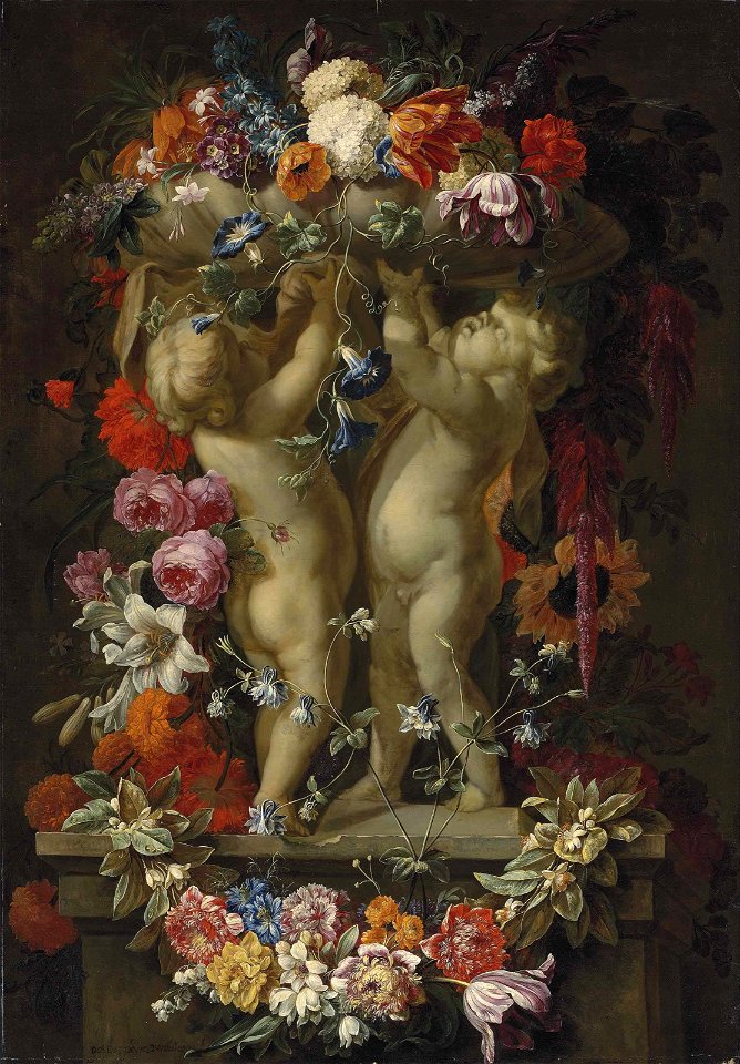 Gaspar Peeter Verbruggen (II) - Snowballs, parrot tulips, morning glory and other flowers in an urn supported by sculpted putti, with a wreath of roses, lilies, carnations and other flowers