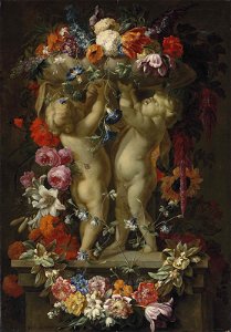 Gaspar Peeter Verbruggen (II) - Snowballs, parrot tulips, morning glory and other flowers in an urn supported by sculpted putti, with a wreath of roses, lilies, carnations and other flowers