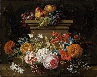 Gaspar Peeter Verbruggen (II) - A swag of flowers in a niche, with pears and grapes on a plinth