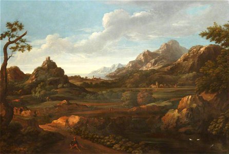 Gaspard Dughet (1615-1675) (follower of) - An Extensive Classical Landscape with a Man on a Path and a Coastline beyond - 1548003 - National Trust