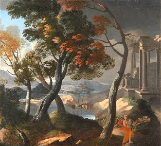 Gaspard Dughet (1615-1675) (attributed to) - A River Landscape with a Ruined Temple, Trees and a Woman with a Pitcher - 1548021 - National Trust