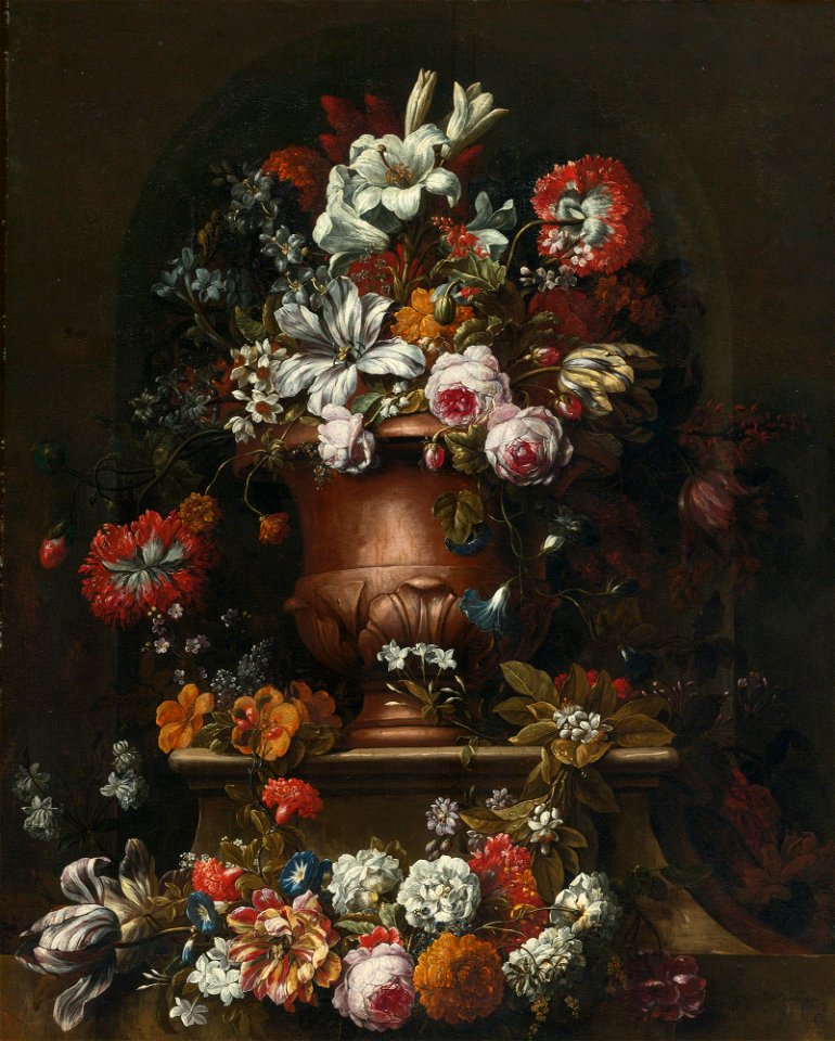 Gaspar Peeter Verbruggen (II) - Roses, peonies, lilies and other flowers in an urn resting on a stone ledge before a niche