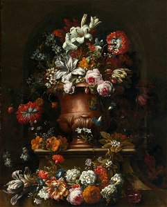 Gaspar Peeter Verbruggen (II) - Roses, peonies, lilies and other flowers in an urn resting on a stone ledge before a niche