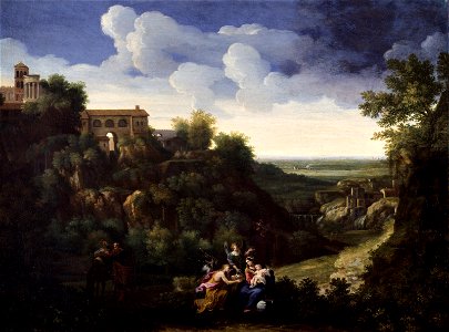 Gaspard Dughet, with figures attributed to Filippo Lauri - View of Tivoli with the Flight into Egypt - BF.1984.22 - Museum of Fine Arts
