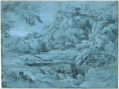 Gaspard Dughet - Landscape with Mountain Town and Waterfall - Google Art Project