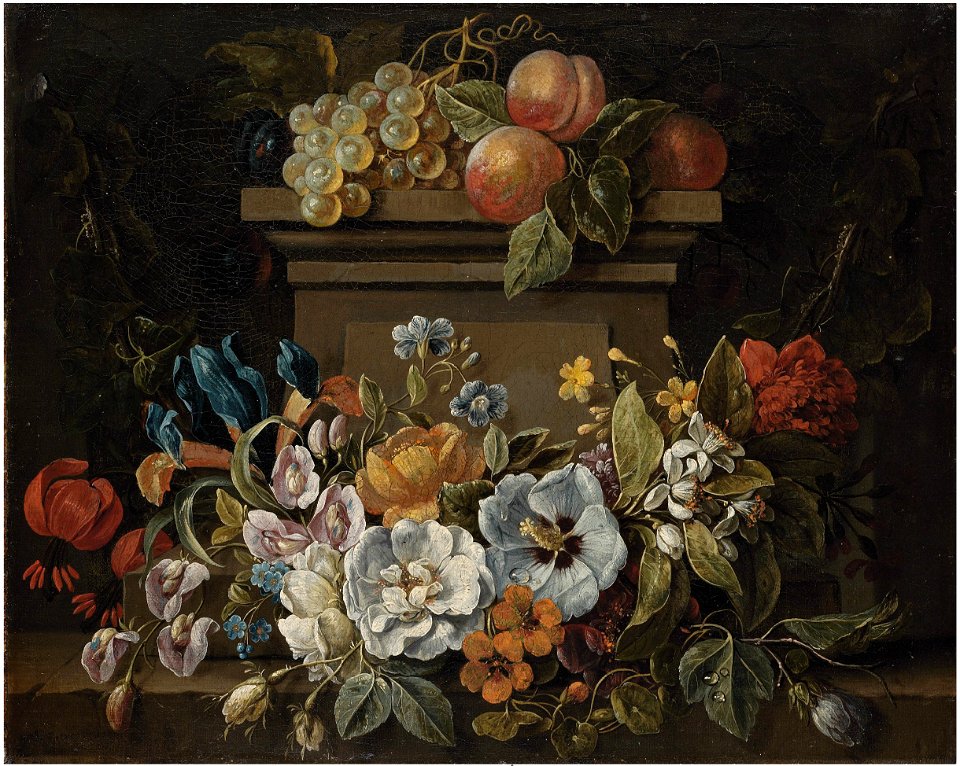 Gaspar Peeter Verbruggen (II) - A swag of flowers in a niche, with grapes, plums and peaches on a plinth