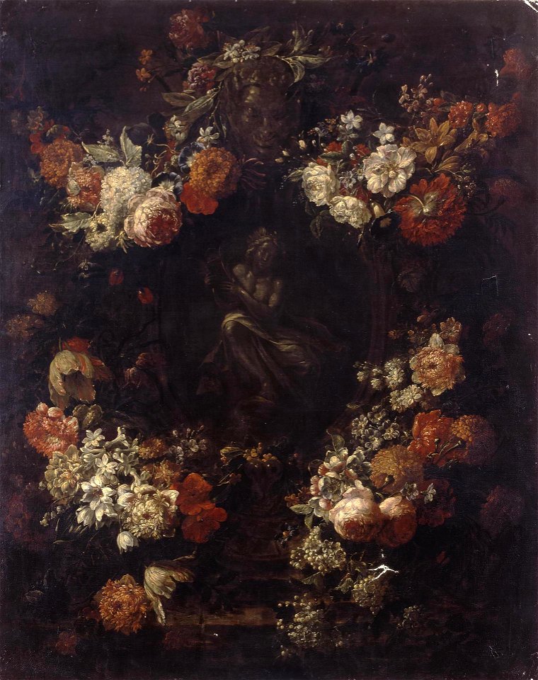 Gaspar Peeter Verbruggen (II) - Garland of Flowers Surrounding a Cartouche with Bronze Statuette of Apollo