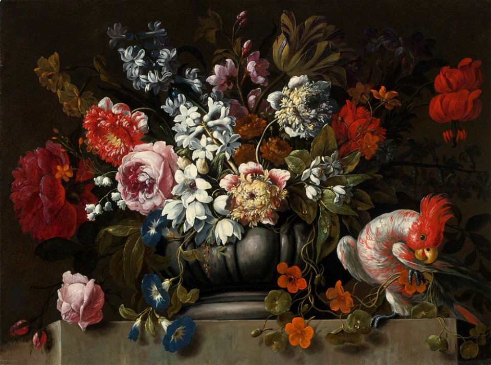 Gaspar Peeter Verbruggen (II) - Still life of flowers in a stone urn with a parrot