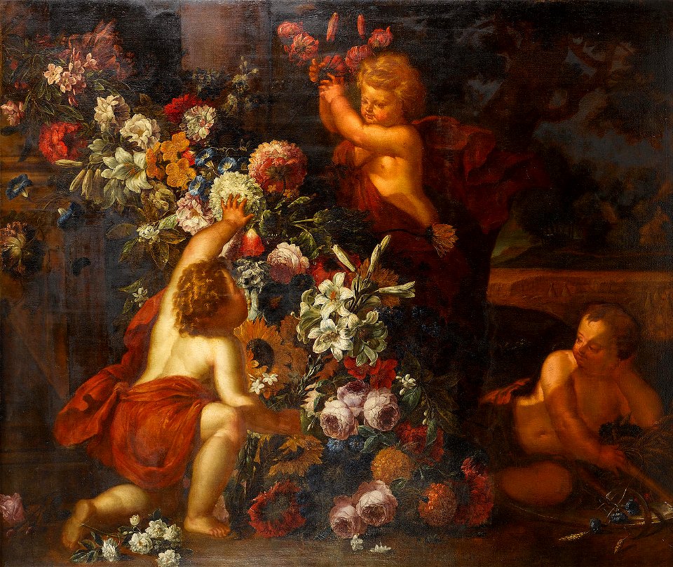 Gaspar Peeter Verbruggen (II) and Matheus Terwesten - A still life of a garland of flowers with putti