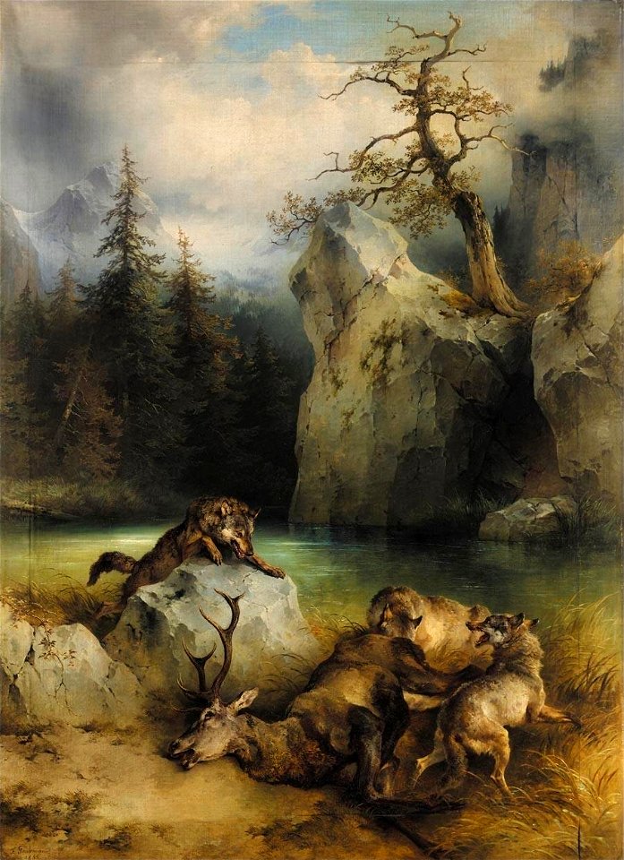 Friedrich Gauermann - Wölfe reissen einen Hirsch (1855)