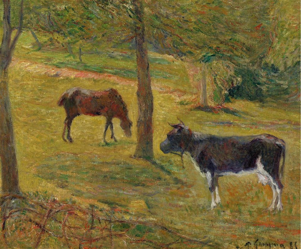 Gauguin Vache et cheval dans un pré