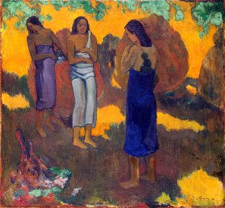 Paul Gauguin - Trois Tahitiennes sur fond jaune (1899). Free illustration for personal and commercial use.