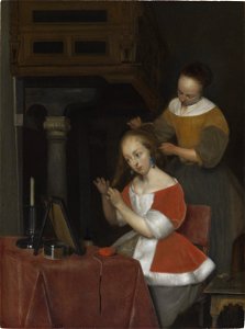 GB-107-Studio of Gerard Ter Borch-A Woman Seated at her Toilet. Free illustration for personal and commercial use.