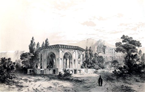 Gazebo and gardens of the palace of Qasr e Qajar by Eugène Flandin