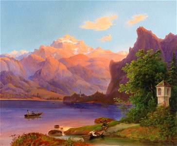Gebirgige Landschaft im Abendrot mit figürlicher Staffage