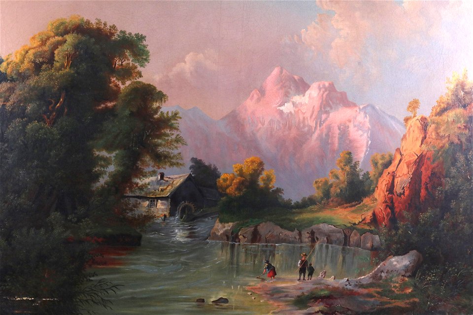 Gebirgslandschaft mit Wassermühle und Fischern