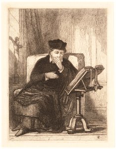 Geestelijke op leunstoel bestudeert opengeslagen boek op lessenaar, objectnr A 16572