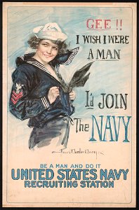 Gee!! I wish I were a man, I'd join the Navy Be a man and do it - United States Navy recruiting station - - Howard Chandler Christy 1917. LCCN2002712088. Free illustration for personal and commercial use.