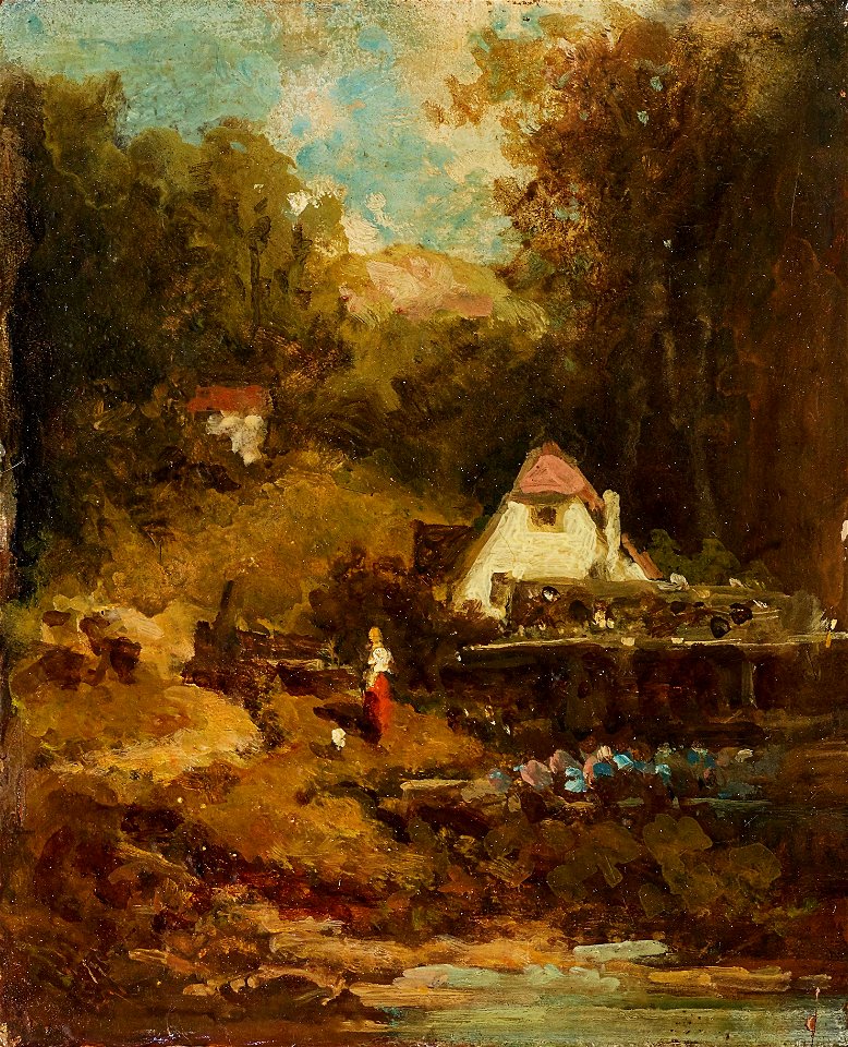 Gemälde - Gehöft am Bach und Mädchen - Carl Spitzweg