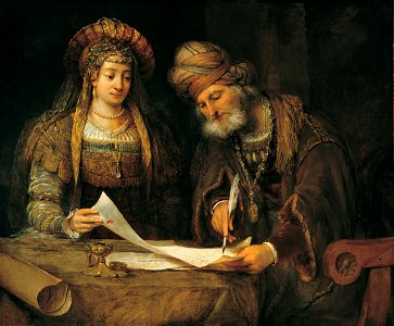 Ester y Mardoqueo escribiendo la primera carta del Purim - Arent de Gelder