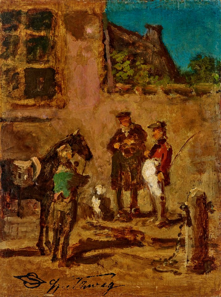 Gemälde - Reiter mit Pferd im Hof - Carl Spitzweg