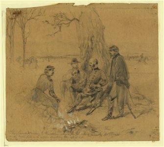 Gen. Burndside (sic) visiting Gn. Franklin giving him the order to evacuate his position-on the battlefield on the right, Sunday Eve., all at rest. LCCN2004661344