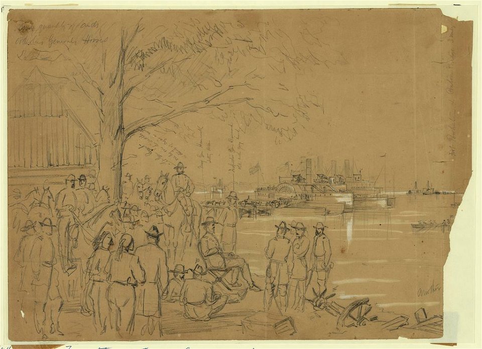 Gen Grant, Hancock & Staff watching the transportation of the Second Corps from Wilcox Landing to Windmill Point across the James River LCCN2004661252
