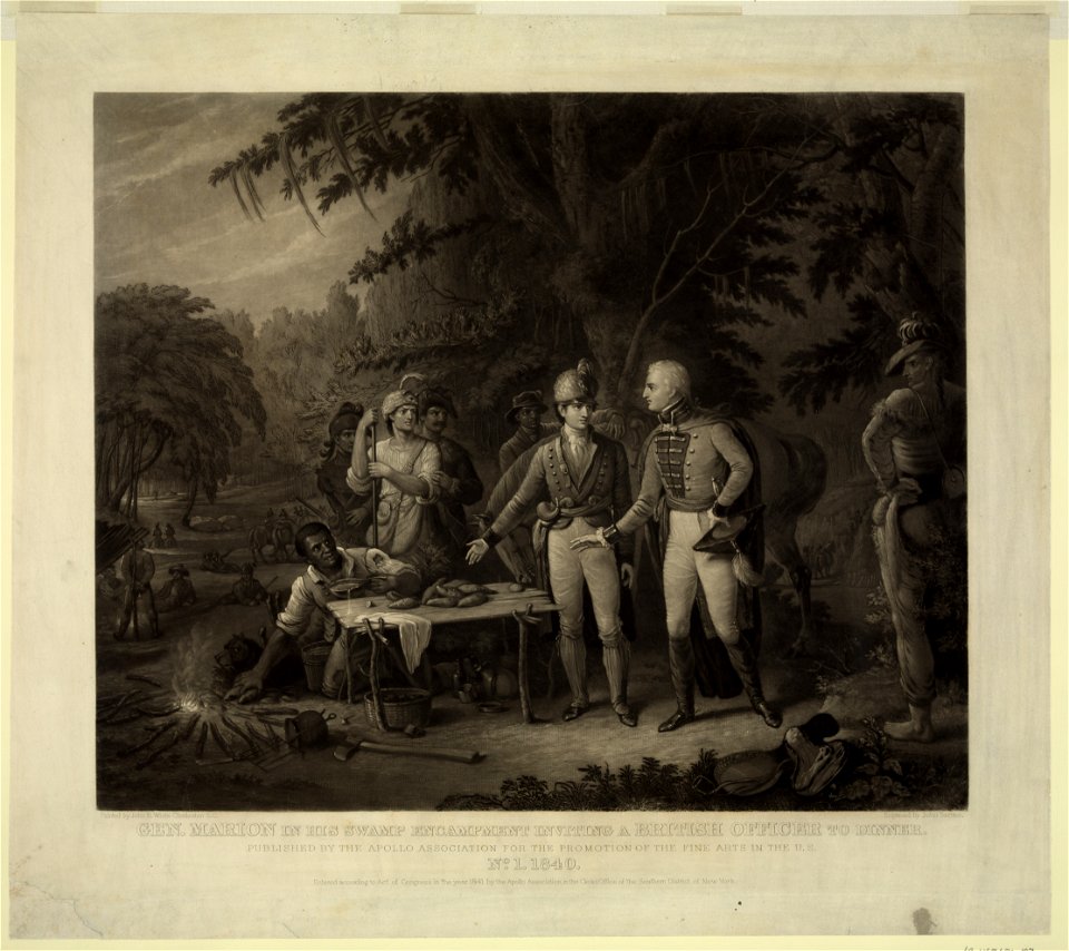 Gen. Marion in his swamp encampment inviting a British officer to dinner - Painted by John B. White; Engraved by John Sartain. LCCN2003663990