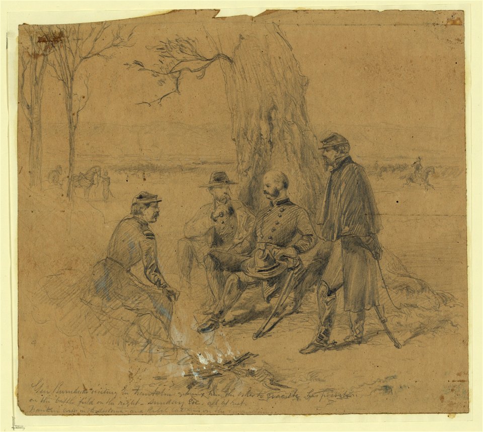 Gen. Burndside (sic) visiting Gn. Franklin giving him the order to evacuate his position-on the battlefield on the right, Sunday Eve., all at rest. LCCN2004661344