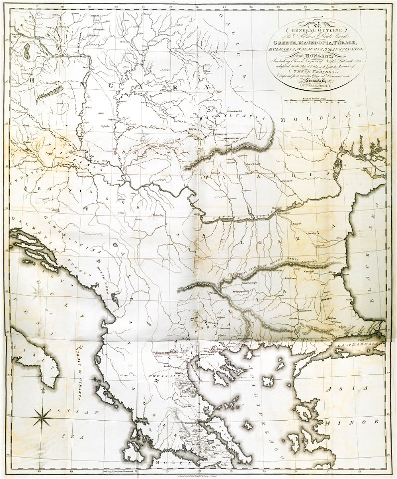 General Outline of the Authors Route through, Greece, Macedonia, Thrace, Bulgaria, Walachia, Transylvania, and Hungary - Clarke Edward Daniel - 1816
