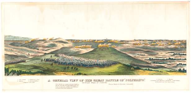General view of the great battle of Solferino thirteen miles of fighting! - - Lang & Laing Lith ; from a sketch by Chevalier Giacomelli. LCCN92519205