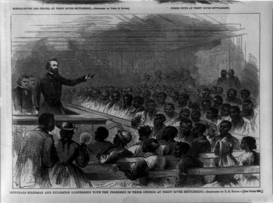 Generals Steedman and Fullerton conferring with the freedmen in their church at Trent River Settlement - sketched by T.R. Davis. LCCN97517346