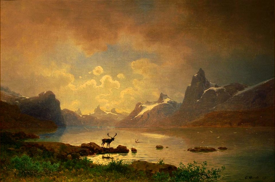 Gustav Adolph Mordt Rensdyr ved fjellvann