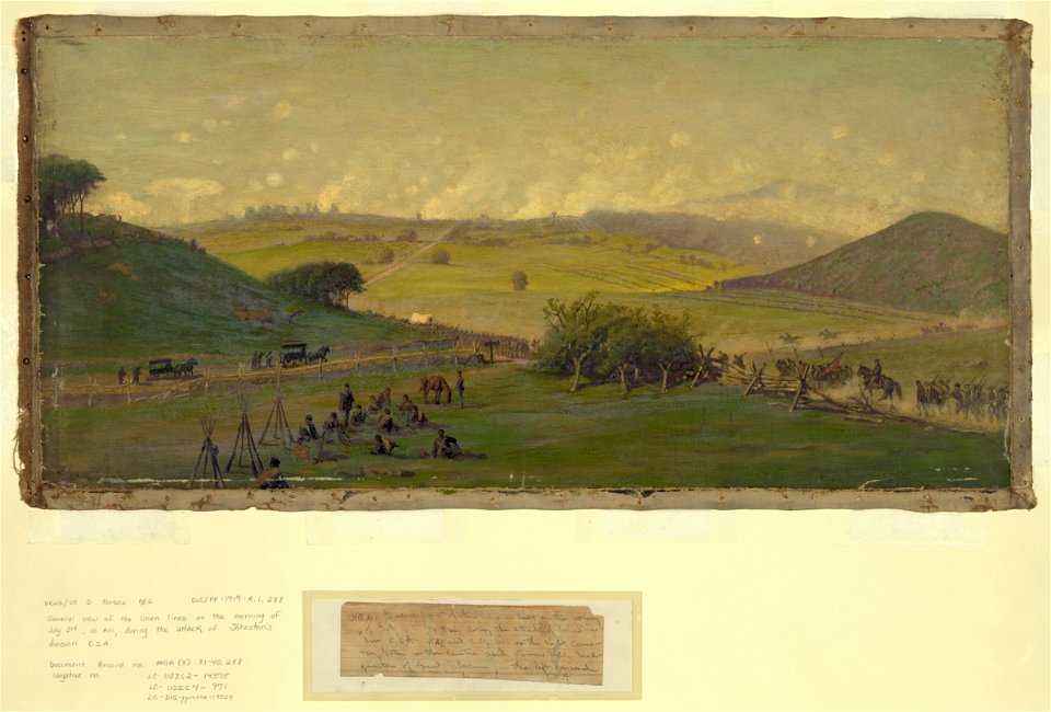 General view of the Union lines on the morning of July 3rd, 10 AM, during the attack of Johnston's Div. C.S.A. - Edwin Forbes. LCCN2004661942